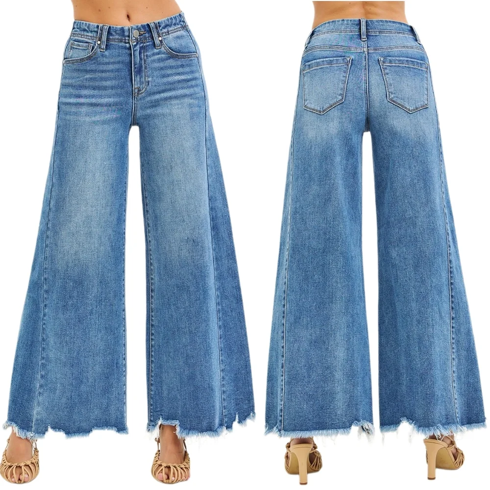 Risen High Rise Slim Fit Ultra Wide Leg Jeans Retro Frayed Raw Hem Denim Pants - Picture 3 of 15
